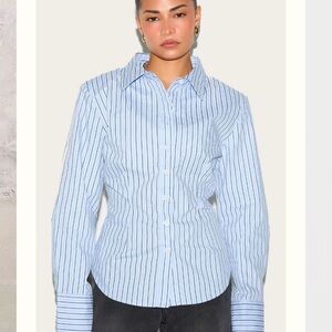 PETITE BLUE AND WHITE FITTED PINSTRIPE SHIRT Blue Striped Button-Up Shirt Fitted